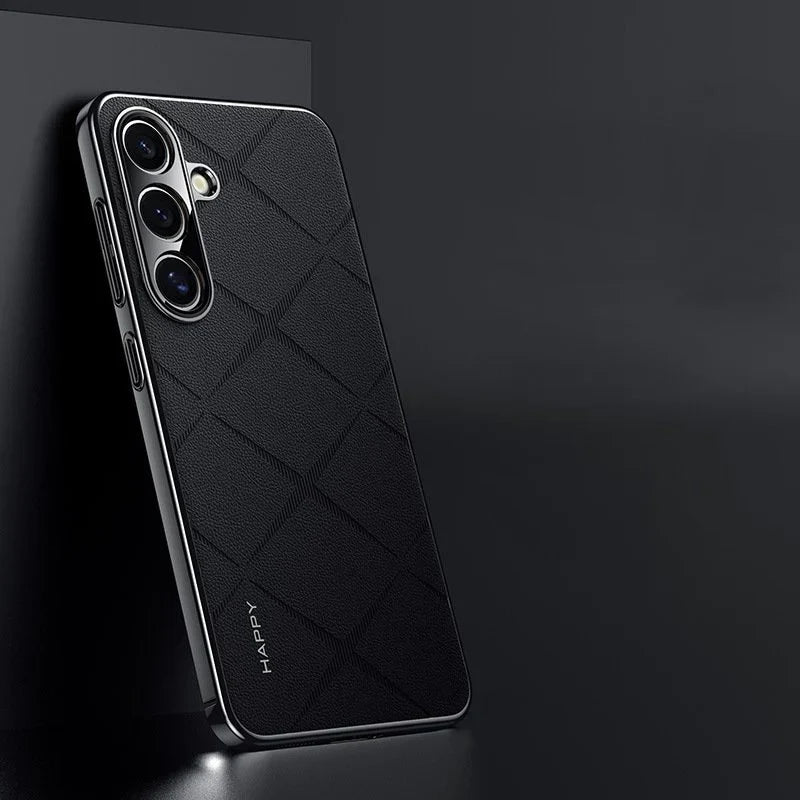 Luxury Plain Leather + Camera Lens Protector Case  - Galaxy S25 Series