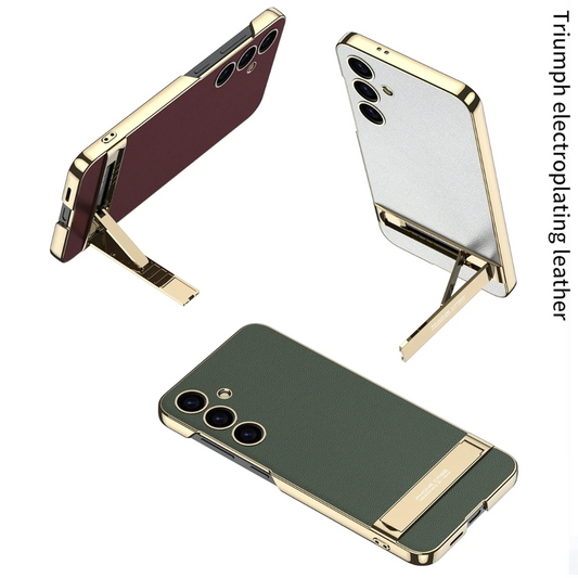 Triumph Electroplating Leather Golden Stand Case For Galaxy S25