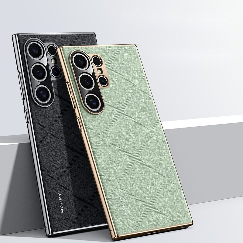 Luxury Plain Leather + Camera Lens Protector Case  - Galaxy S25 Series