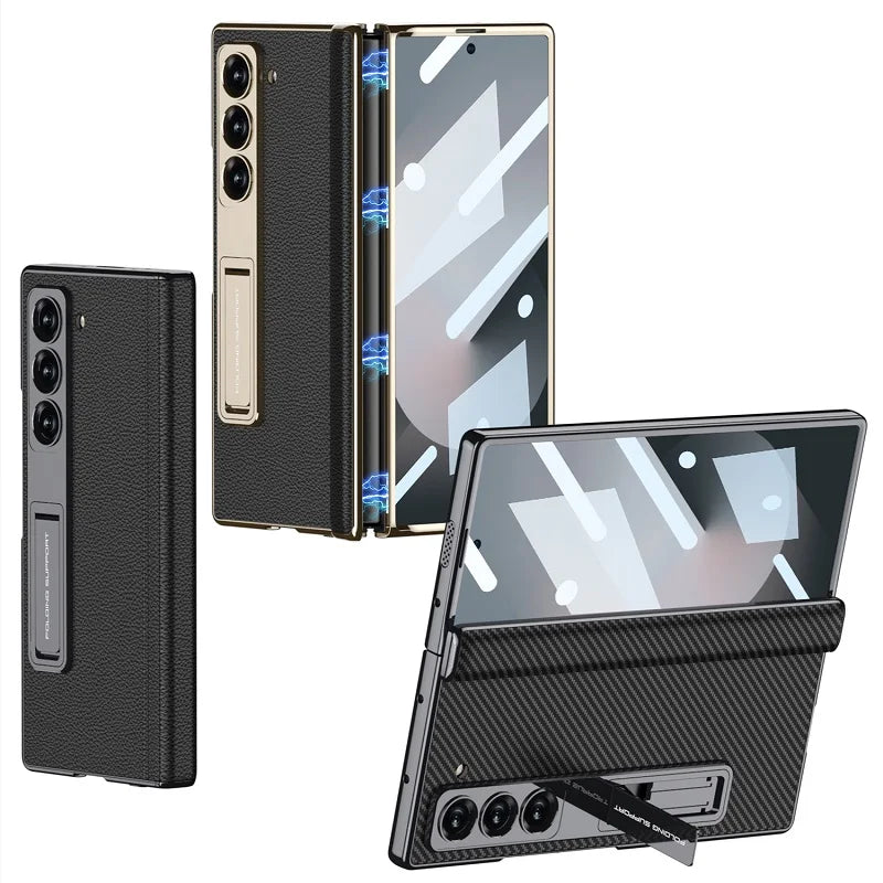 Leather Case With Golden Stand & Magnetic Hinge for Samsung Galaxy Z Fold 6