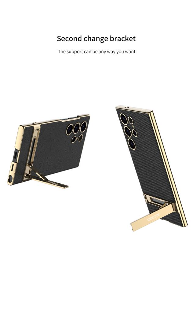 Triumph Electroplating Leather Golden Stand Case For Galaxy S23 Ultra