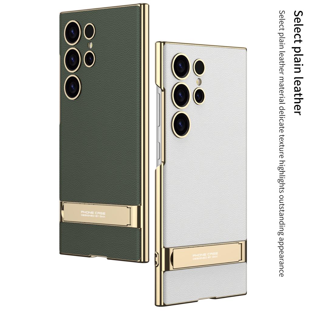 Triumph Electroplating Leather Golden Stand Case For Galaxy S23 Ultra