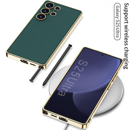 Luxury Leather Golden Boarder Case For Galaxy S25 Ultra