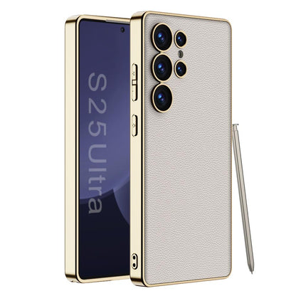 Luxury Leather Golden Boarder Case For Galaxy S25 Ultra