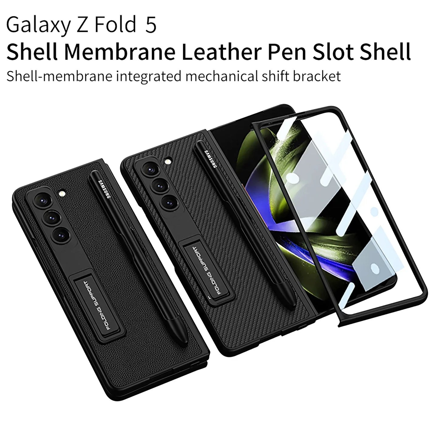 Leather Case With Bracket & Pen Slot For Galaxy Z Fold 5