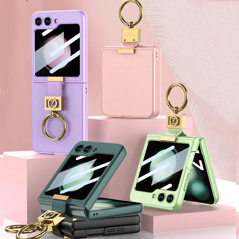 Leather Case With Z Finger Ring & Lens Glass For Samsung Galaxy Z Flip 5