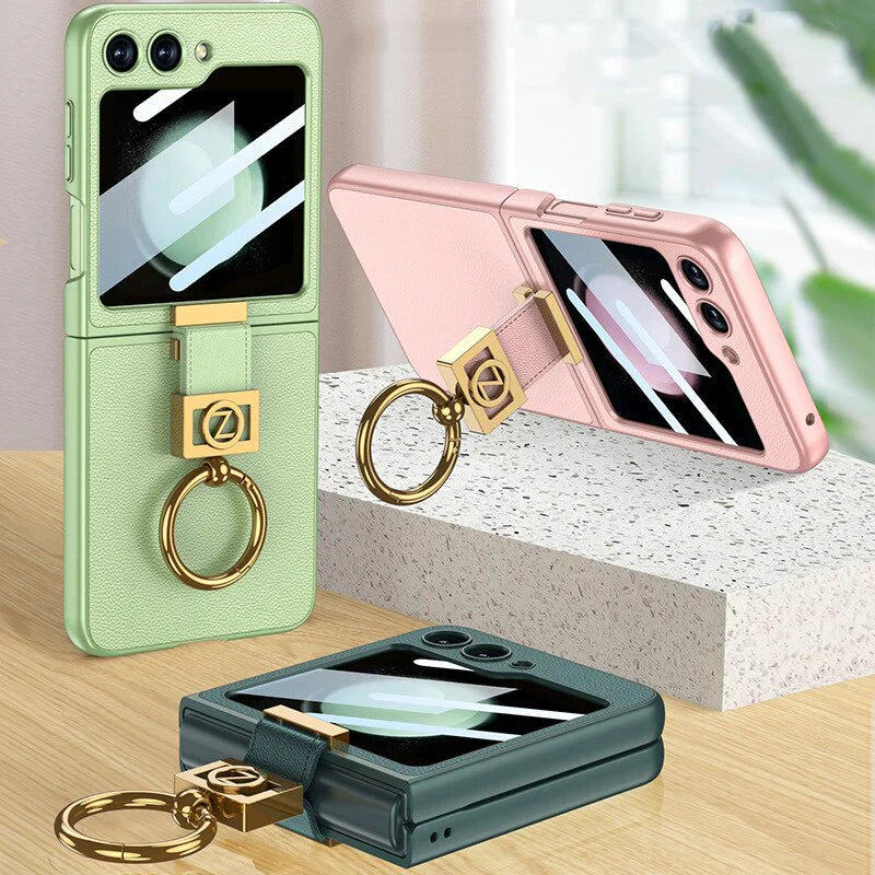 Leather Case With Z Finger Ring & Lens Glass For Samsung Galaxy Z Flip 5