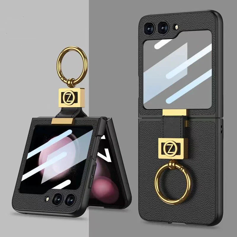 Leather Case With Z Finger Ring & Lens Glass For Samsung Galaxy Z Flip 5