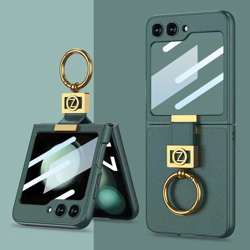 Leather Case With Z Finger Ring & Lens Glass For Samsung Galaxy Z Flip 5