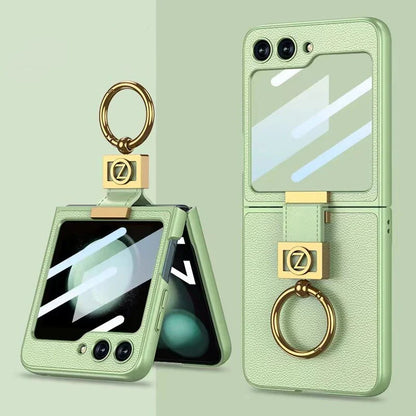 Leather Case With Z Finger Ring & Lens Glass For Samsung Galaxy Z Flip 5