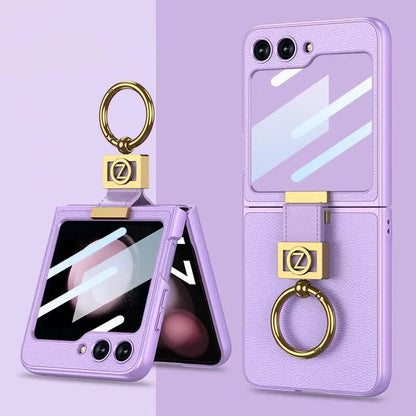 Leather Case With Z Finger Ring & Lens Glass For Samsung Galaxy Z Flip 5