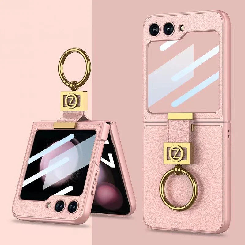Leather Case With Z Finger Ring & Lens Glass For Samsung Galaxy Z Flip 5