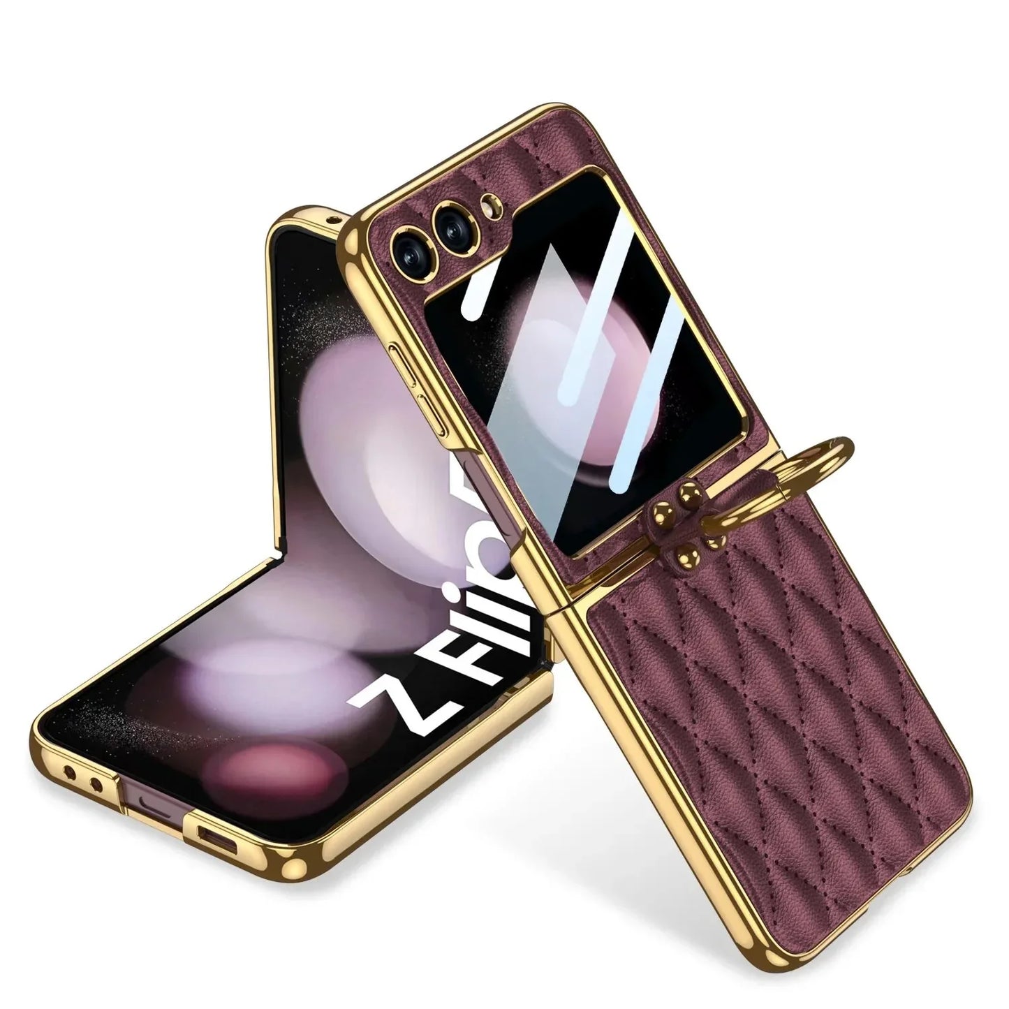Elegant Leather Ring Support Case For Galaxy Z Flip 5