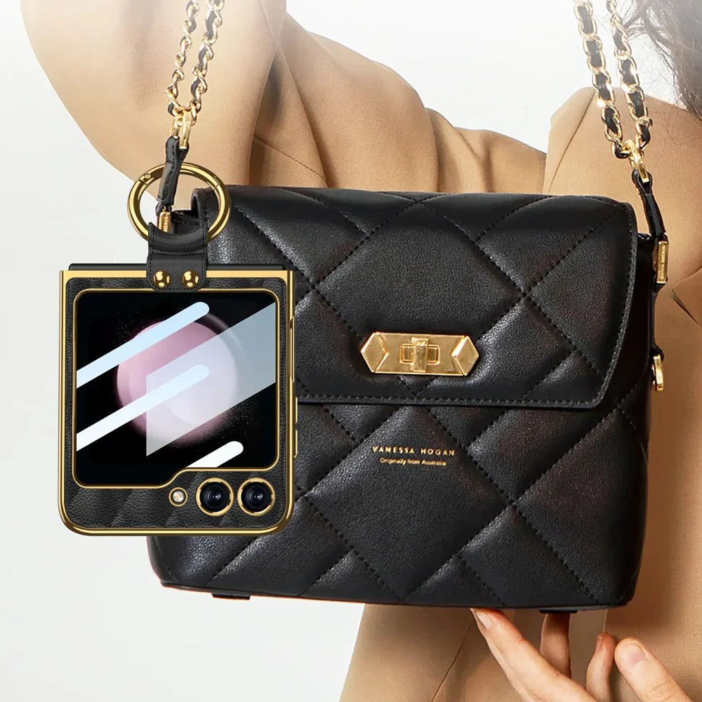Elegant Leather Ring Support Case For Galaxy Z Flip 5