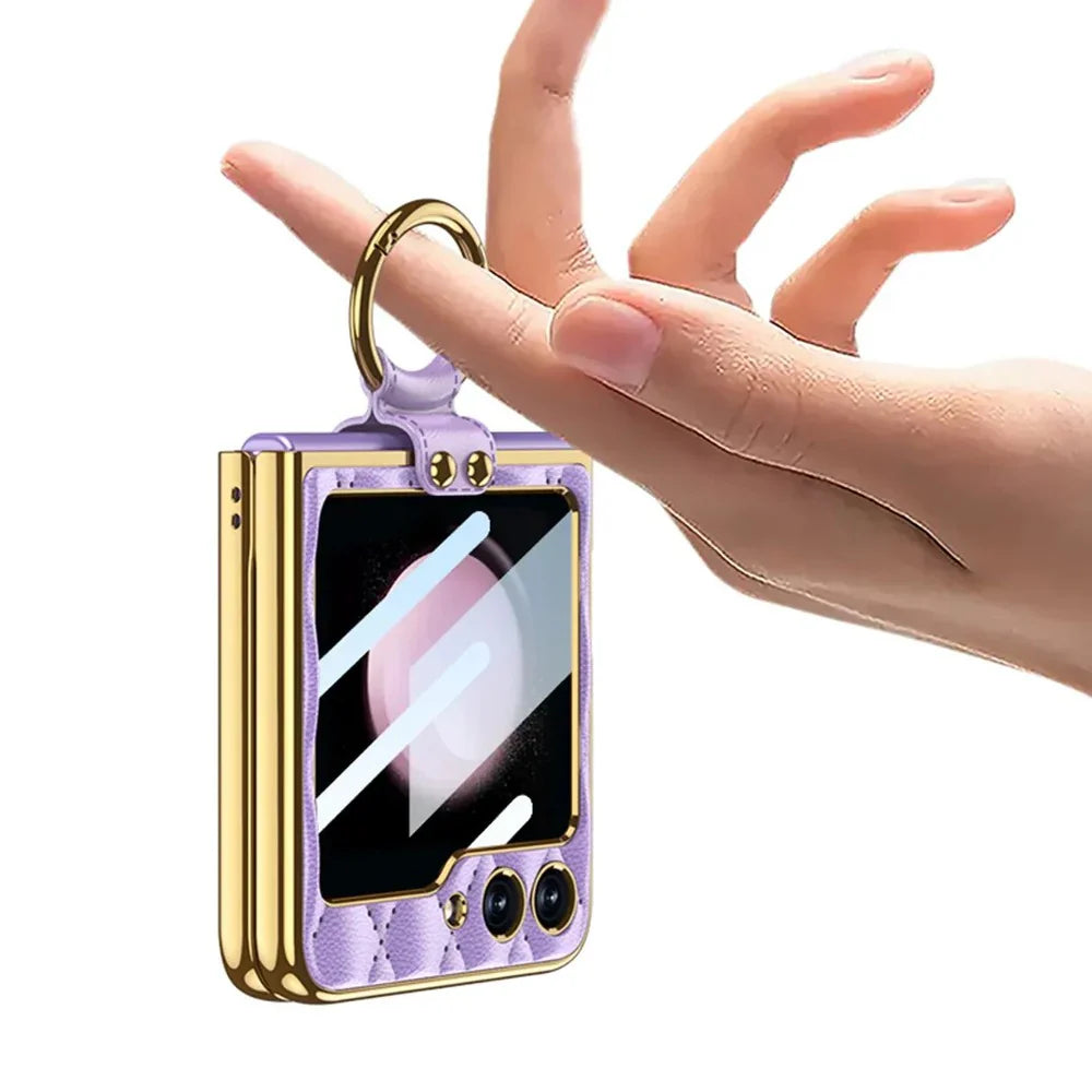 Elegant Leather Ring Support Case For Galaxy Z Flip 5