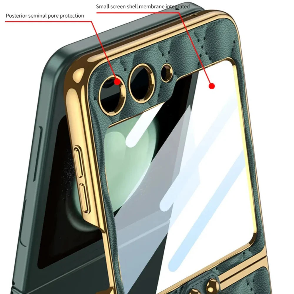 Elegant Leather Ring Support Case For Galaxy Z Flip 5