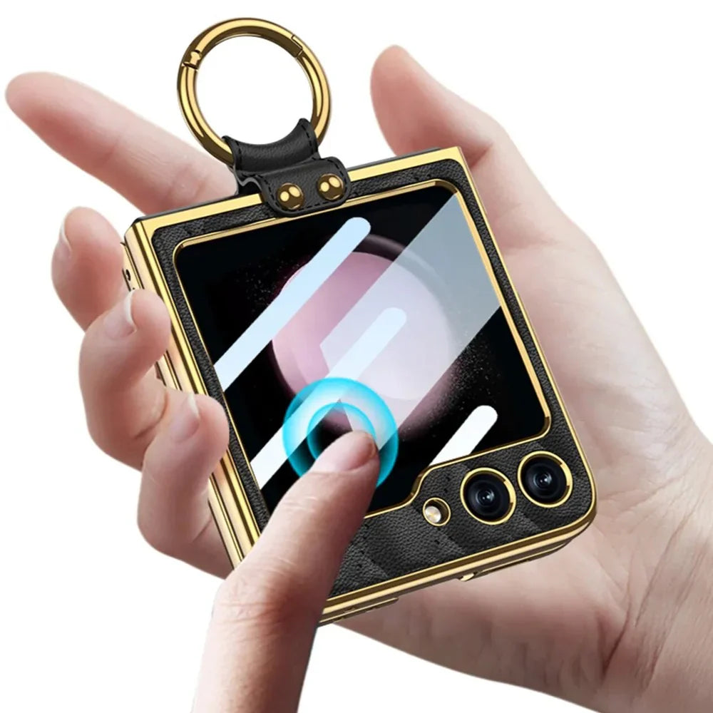 Elegant Leather Ring Support Case For Galaxy Z Flip 5