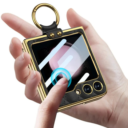 Elegant Leather Ring Support Case For Galaxy Z Flip 5