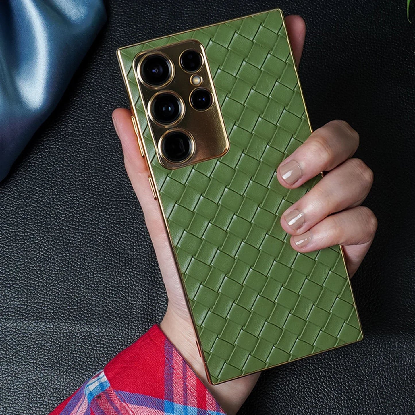 Braided Woven Leather Case With Gold Electroplating For Galaxy S23 Ultra