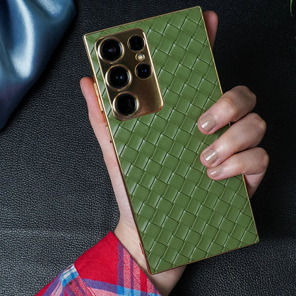Braided Woven Leather Case With Gold Electroplating For Galaxy S23 Ultra
