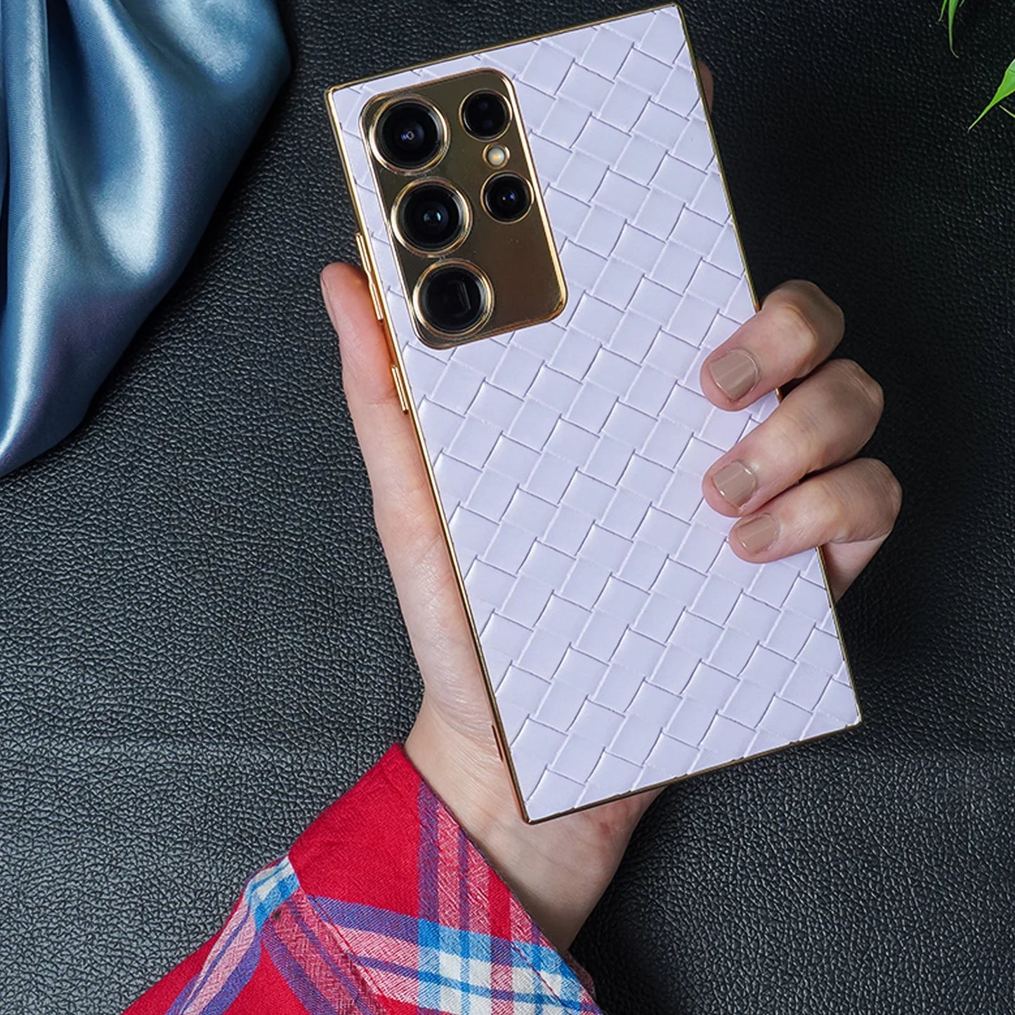 Braided Woven Leather Case With Gold Electroplating For Galaxy S23 Ultra