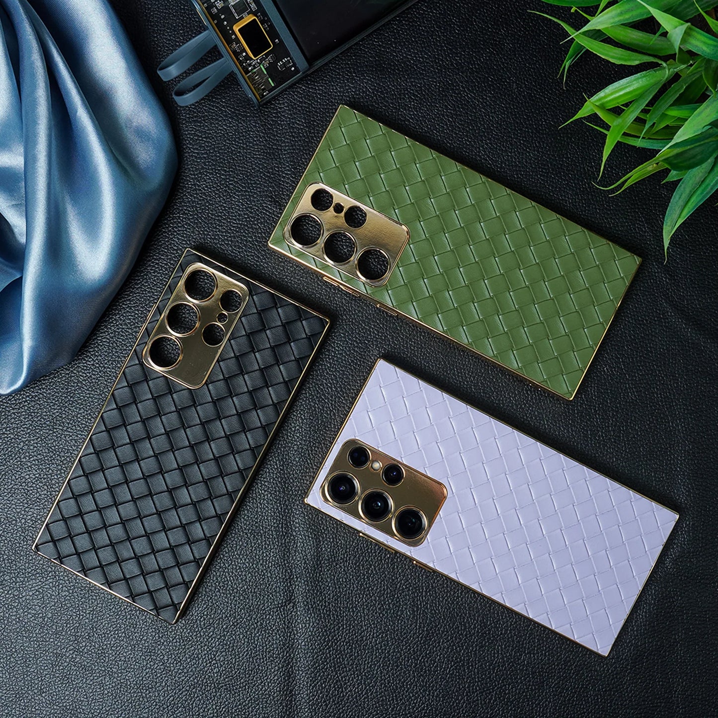 Braided Woven Leather Case With Gold Electroplating For Galaxy S23 Ultra