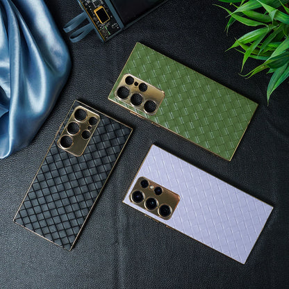 Braided Woven Leather Case With Gold Electroplating For Galaxy S23 Ultra
