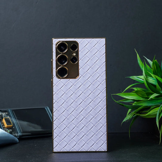 Braided Woven Leather Case With Gold Electroplating For Galaxy S23 Ultra